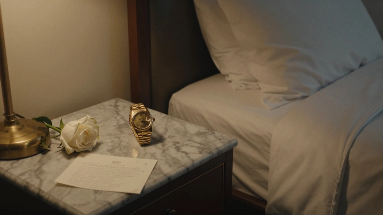 A vintage Rolex and white rose on a nightstand in an empty Cannes hotel room.