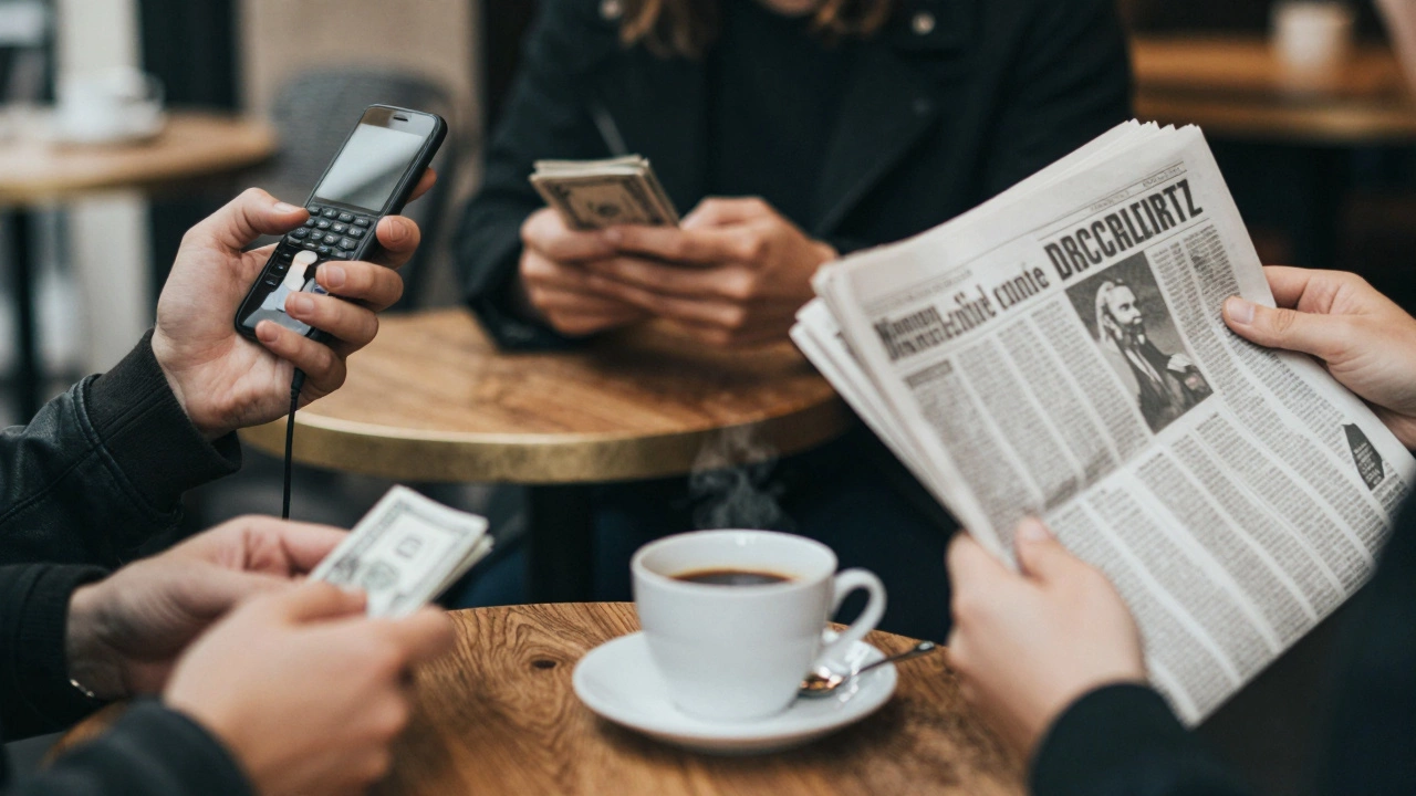 Anonymous hands in a café handling a phone, cash, and coffee, symbolizing hidden lives.