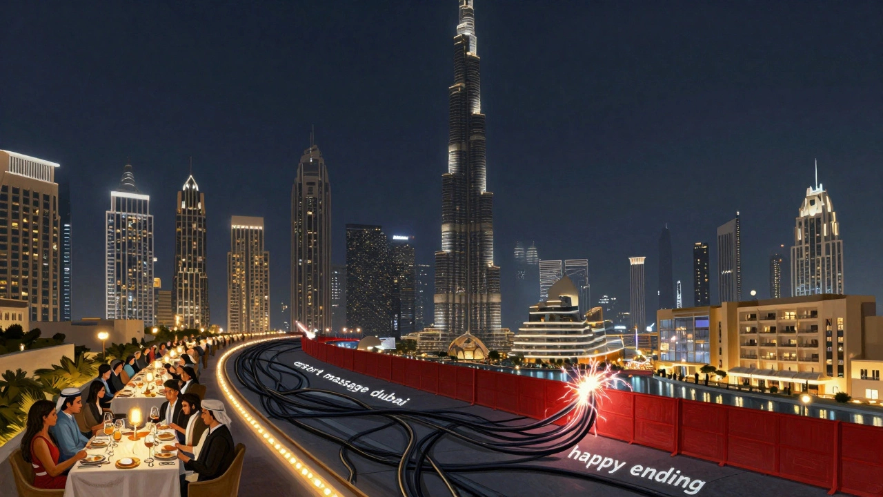 Dubai skyline with glowing legal social paths above and snapping illegal wires below, Burj Khalifa shining safely above.