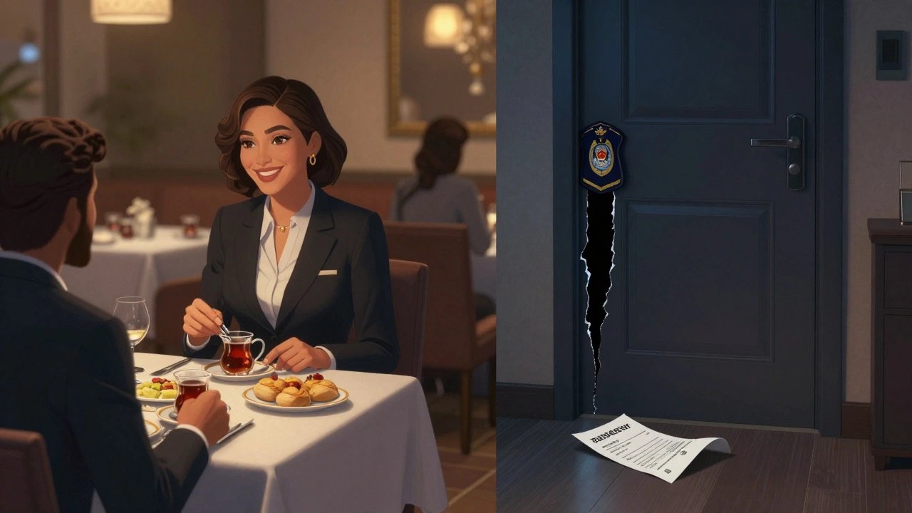 Split scene: professional host at dinner vs. dim hotel room with police badge under door, symbolizing legal vs. illegal choices.
